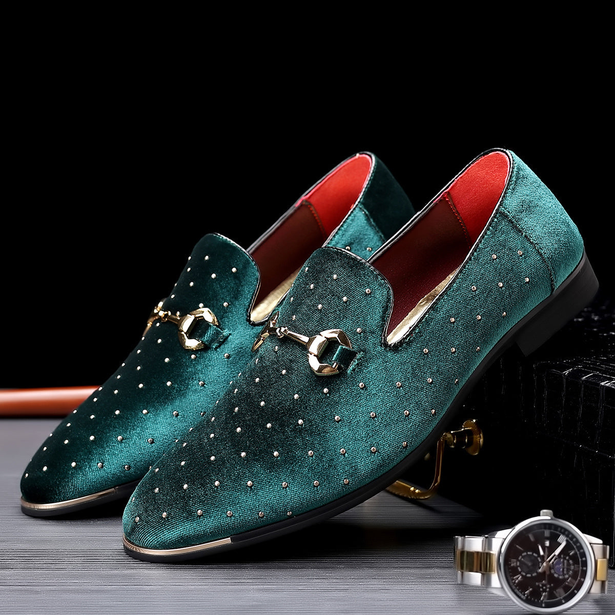 SHOWLU FASHION men's horsebit loafers with rhinestone glitter details, stylish dress shoes for formal or fashionable occasions.