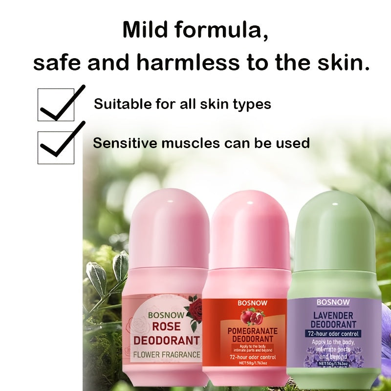 SHOWLU Natural Deodorant Set with three sticks in rose, pomegranate, and lavender scents, displayed with their packaging.