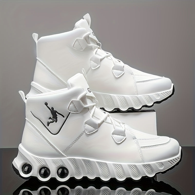 Sneakers, 1 Pair of Simple and Fashionable Mid-Top Basketball Shoes. Thickened Soft Shock Absorption, Wear-, Strong Grip PVC Sole. White/Black Solid Color PU Upper. Soft Breathable Lining. Suitable for All Seasons. Suitable f