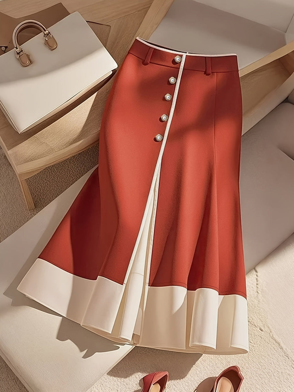 Red and white two-tone women's high-waisted side slit skirt by SHOWLU FASHION STORE, displayed on a model.
