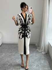 Women's Front Tie Short Sleeve Printed Slim Fit Dress {Elegant Direction}
