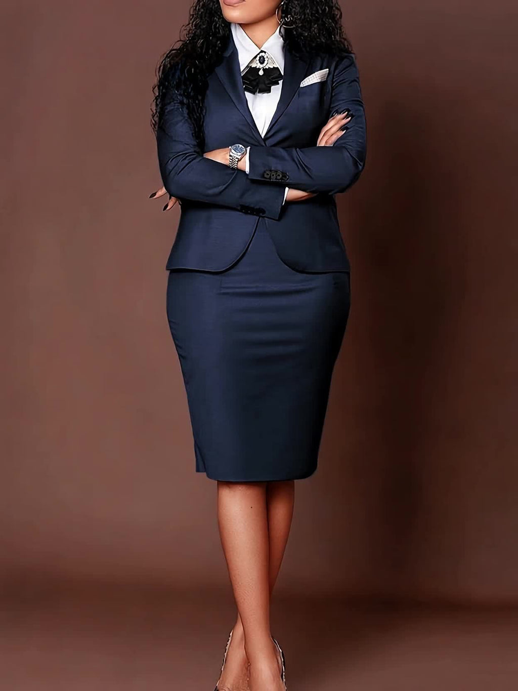 Elegant women's 2-piece formal skirt suit set by SHOWLU FASHION, perfect for office attire, featuring a tailored blazer and matching skirt.