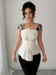 Women's Elegant Sleeveless Square Neck Blouse with Asymmetrical Hem & Floral Print - Summer Lightweight Machine-Washable Top for Casual Formal Outfits, Versatile Fashion, Twisted Waist Design, Smooth Fabric Texture, Office We