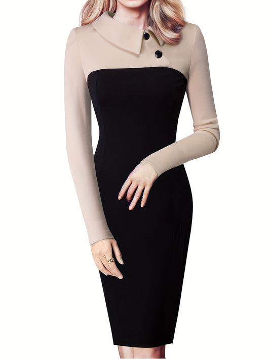 Women'S Elegant Black and Beige Color Block Pencil Dress - Slim Fit, Long Sleeve, Round Neck with Button Detail, Perfect for Spring/Summer, Adult Fashion, Elegant Attire|Sleek Fitted Design|Polyester Fabric