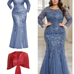 Elegant Plus Size Sequin Embroidered Mermaid Hem Dress with Matching Shawl - Long Sleeve, Crew Neck, Floral Pattern, Beige/Golden & Red Options, Perfect for Weddings, Proms, and Formal Events, Elegant Event Clothing | Glamoro SHOWLU FASHION STORE