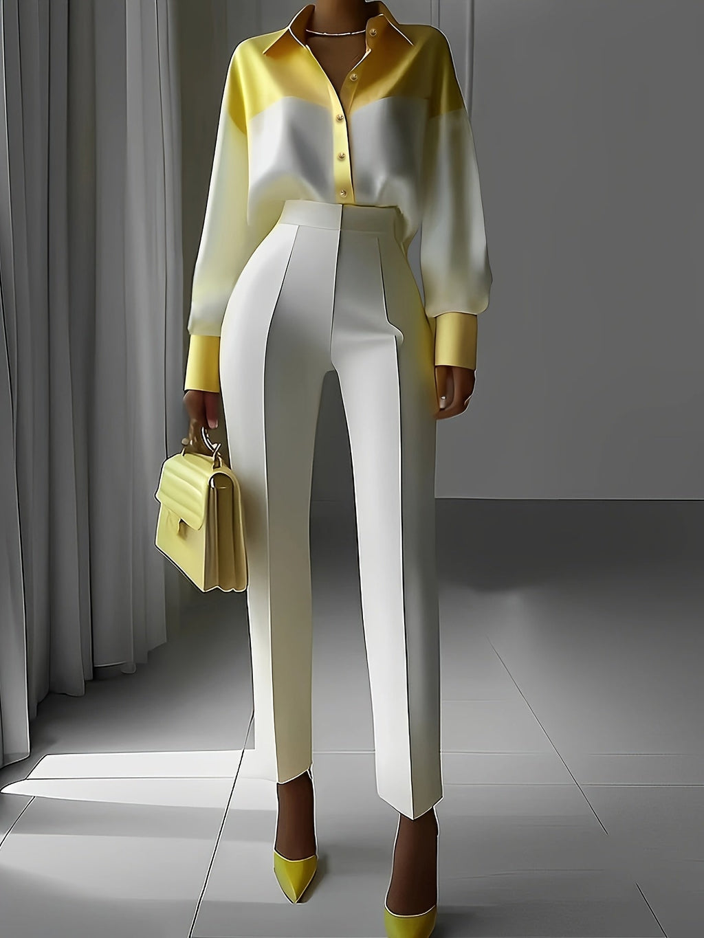 SHOWLU Women's color block button front blouse in yellow and white, featuring a stylish, casual design with a collar and long sleeves.