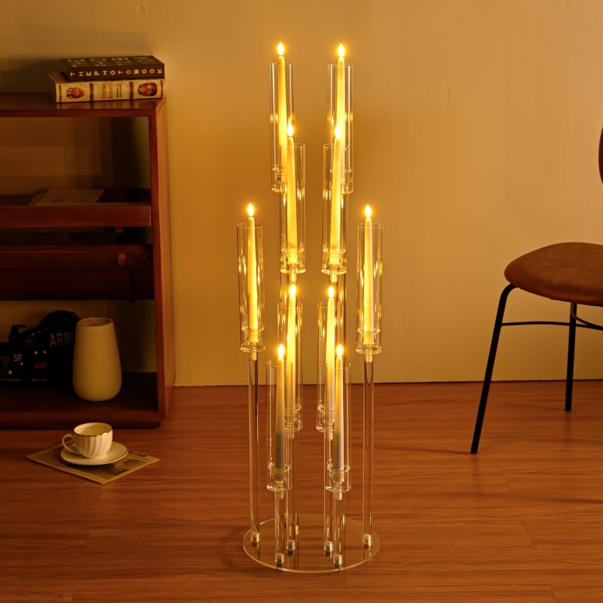 Showlu 10-arm acrylic candelabra, 37.7 inches tall, clear wedding centerpiece with removable lampshades and elegant candle holders.