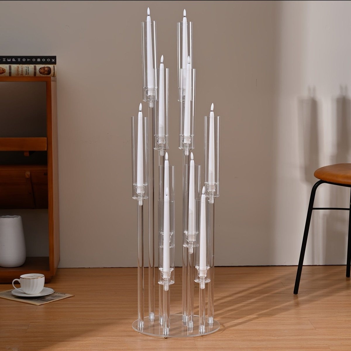 Showlu 10-arm acrylic candelabra, 37.7 inches tall, clear wedding centerpiece with removable lampshade, ideal for elegant tables.