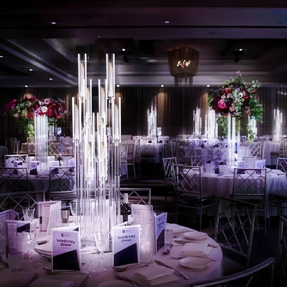 Showlu 10-arm acrylic candelabra, 37.7 inches tall, with removable lampshade, clear wedding centerpiece for tables and events.