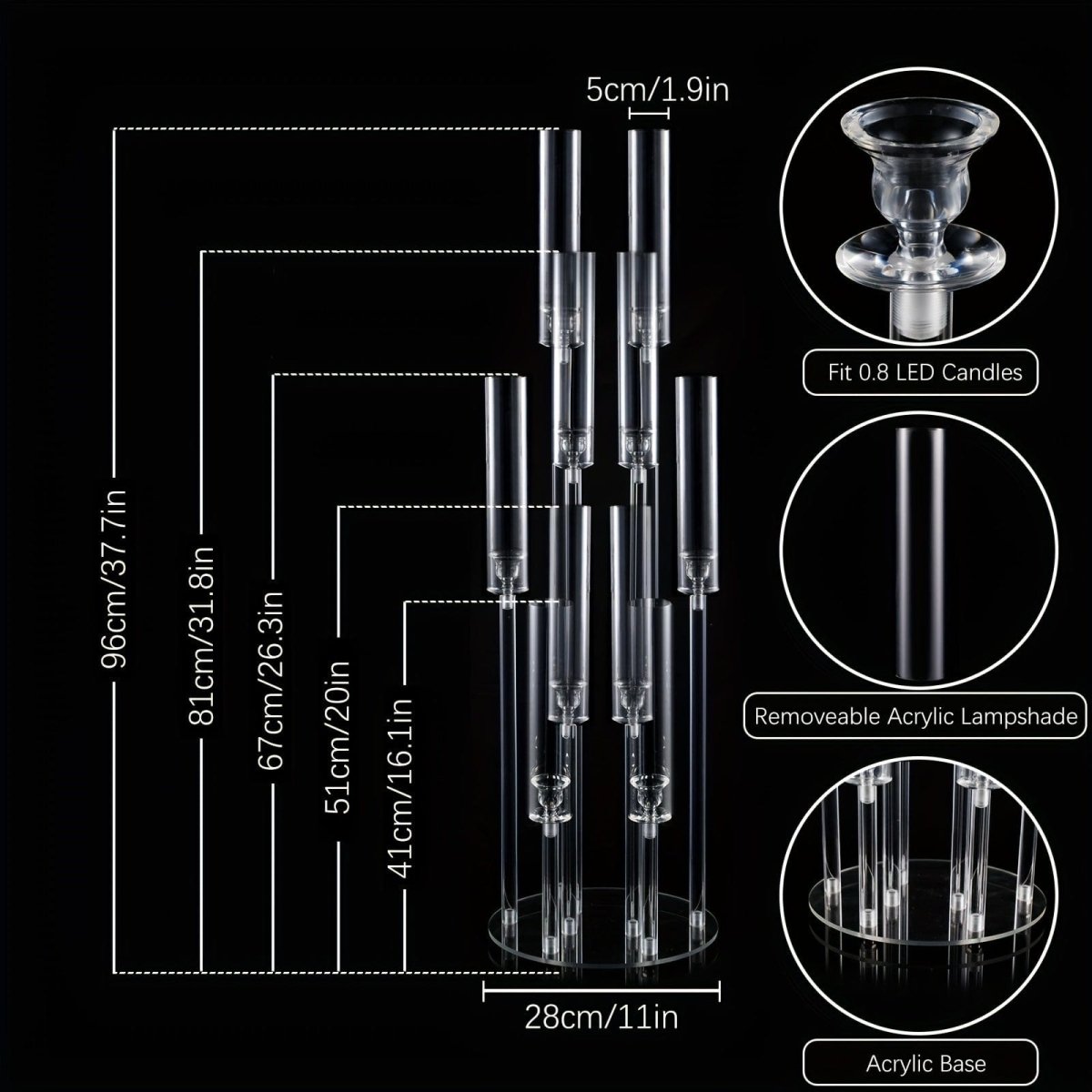 Showlu 10-arm acrylic candelabra, 37.7 inches tall, clear wedding centerpiece with removable lampshade for elegant table decor.