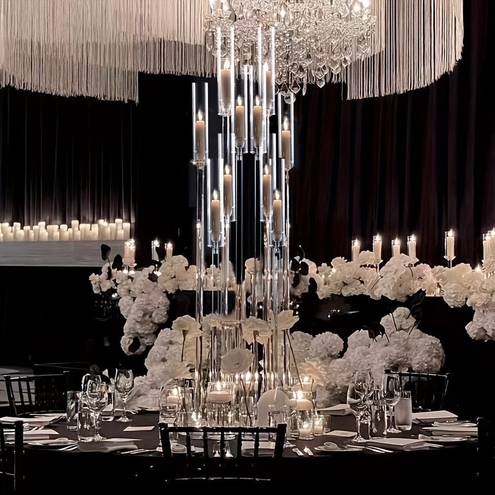 Showlu 10-arm acrylic candelabra, 37.7 inches tall, clear wedding centerpiece with removable lampshade for elegant table decor.