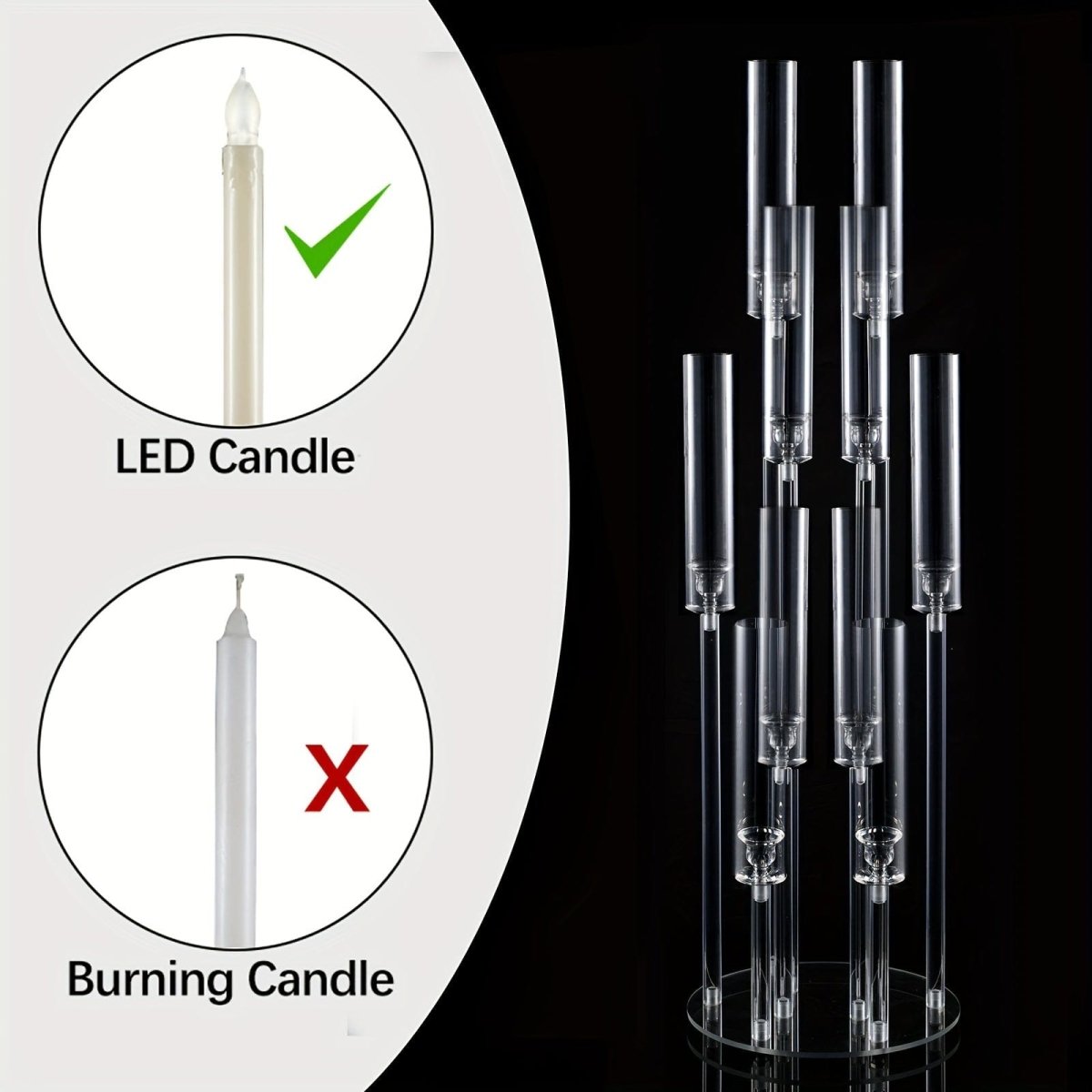 Showlu 10-arm acrylic candelabra, 37.7 inches tall, with clear arms and removable lampshade, ideal as wedding or event centerpiece.