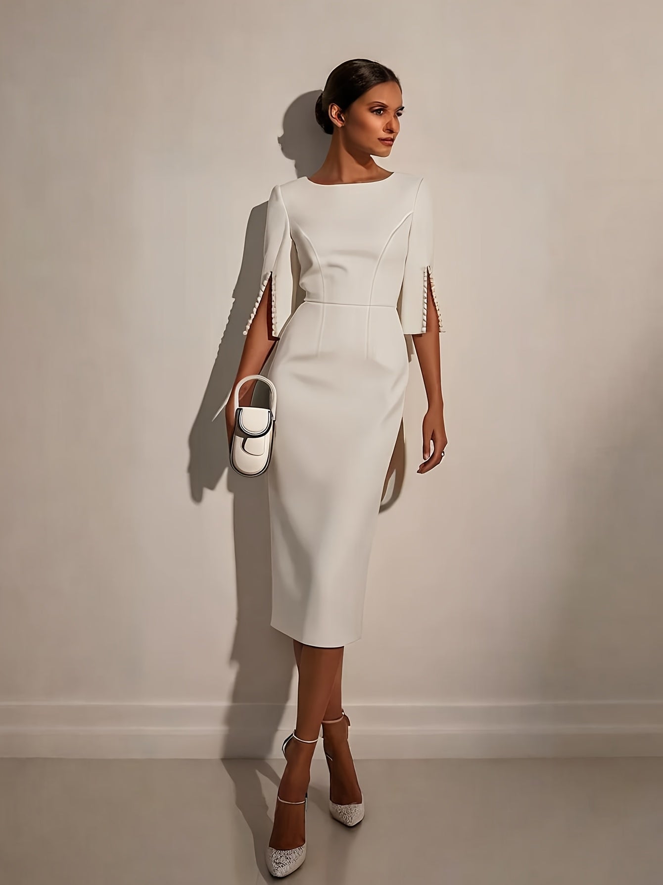 SHOWLU FASHION STORE ZOELNIC women's pearl bodycon midi dress with elegant half sleeves, showcasing a fitted, stylish evening gown.