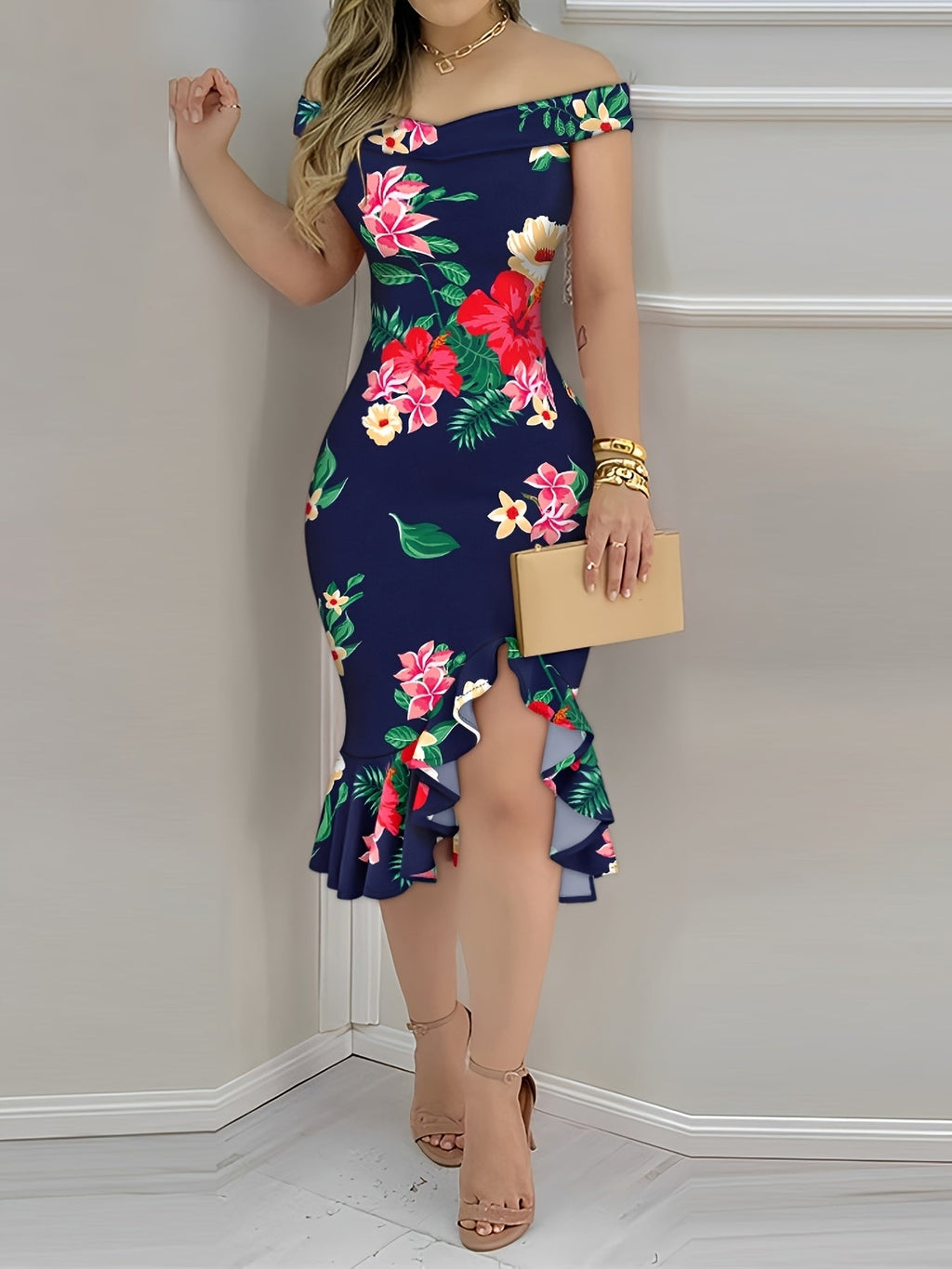 Floral off-shoulder bodycon midi dress with ruffle slit hem by SHOWLU FASHION STORE, featuring a fitted silhouette and floral pattern.