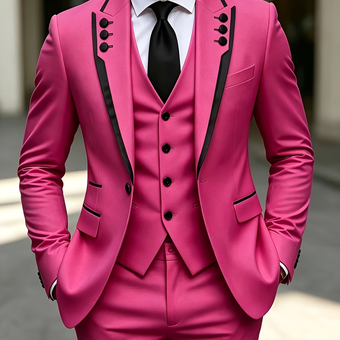 Men's black suit set by Showlu Smart General featuring lapel, fringe details, suitable for formal, party, festival, graduation, and wedding.