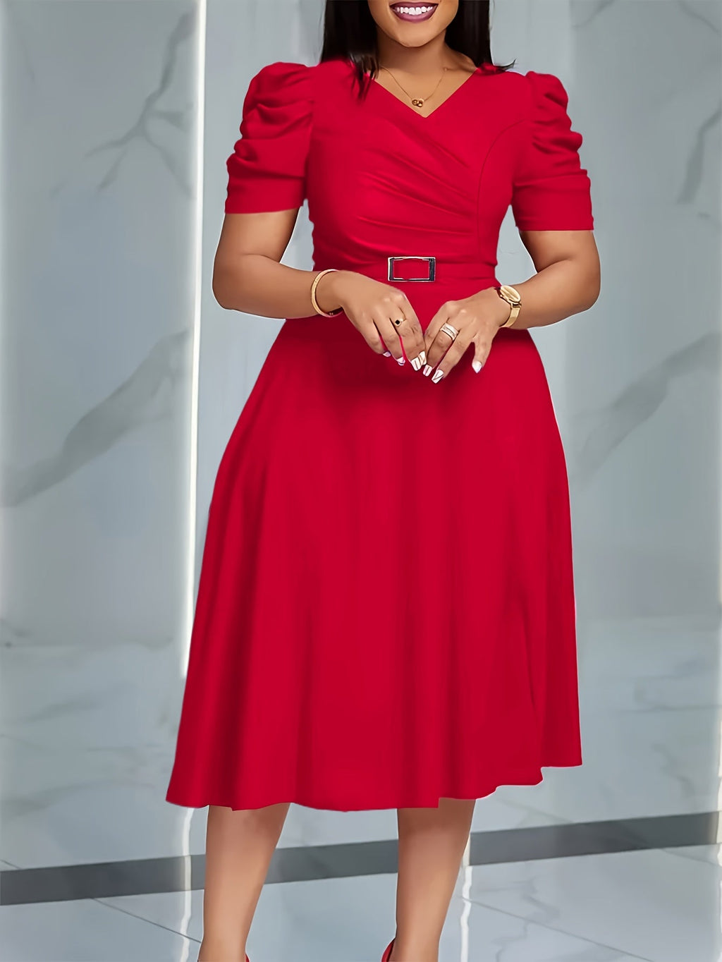 Red women's V-neck ruffle swing dress with belt by SHOWLU FASHION, made of polyester fabric, featuring a stylish and flowy design.