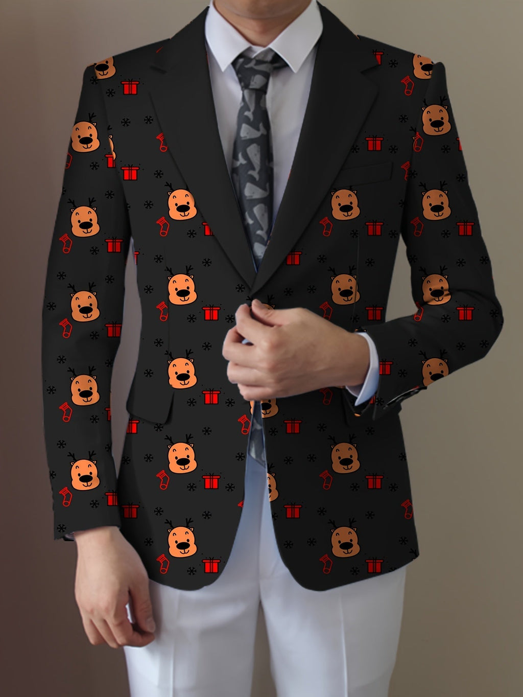 SHOWLU men's cartoon face and stripes blazer with notch lapel, casual suit jacket featuring playful print and tailored fit.