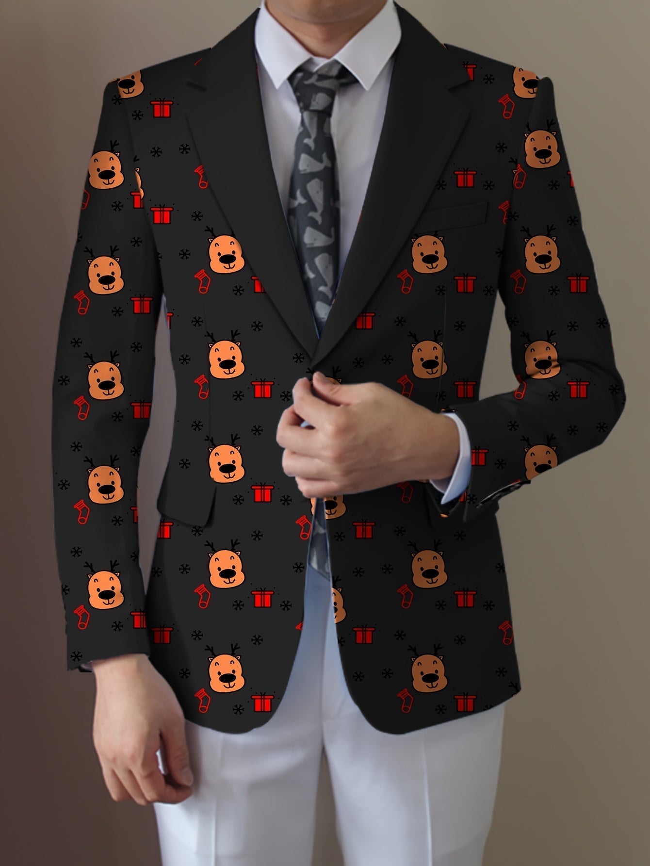 SHOWLU men's cartoon face and stripes blazer with notch lapel, casual suit jacket featuring playful print and tailored fit.