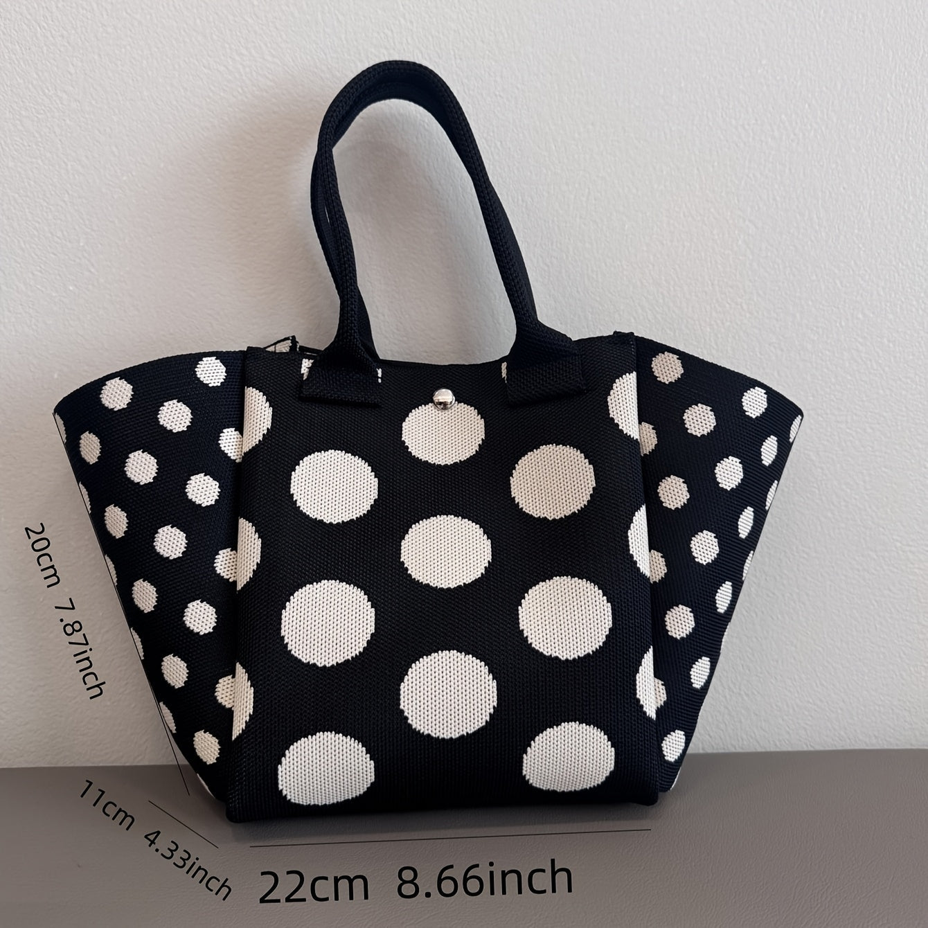 Burgundy polka dot knit tote bag from SHOWLU FASHION STORE, casual foldable handbag with polka dot pattern and sturdy handles.