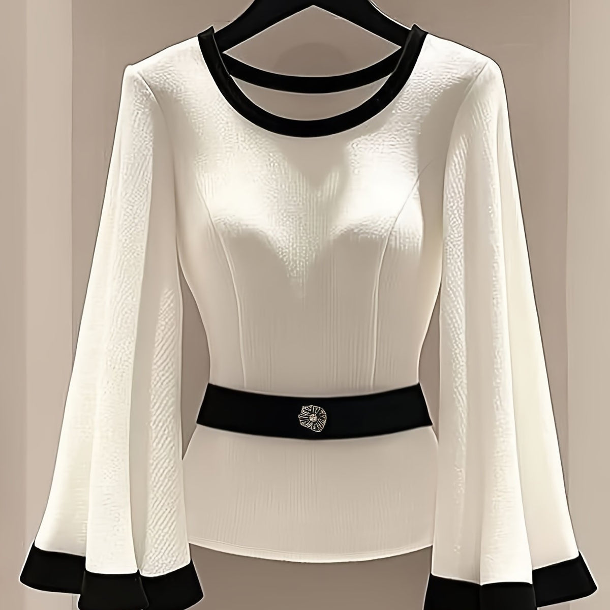 White round neck blouse with flared sleeves from Showlu Fashion, featuring a knit fabric and stylish design.