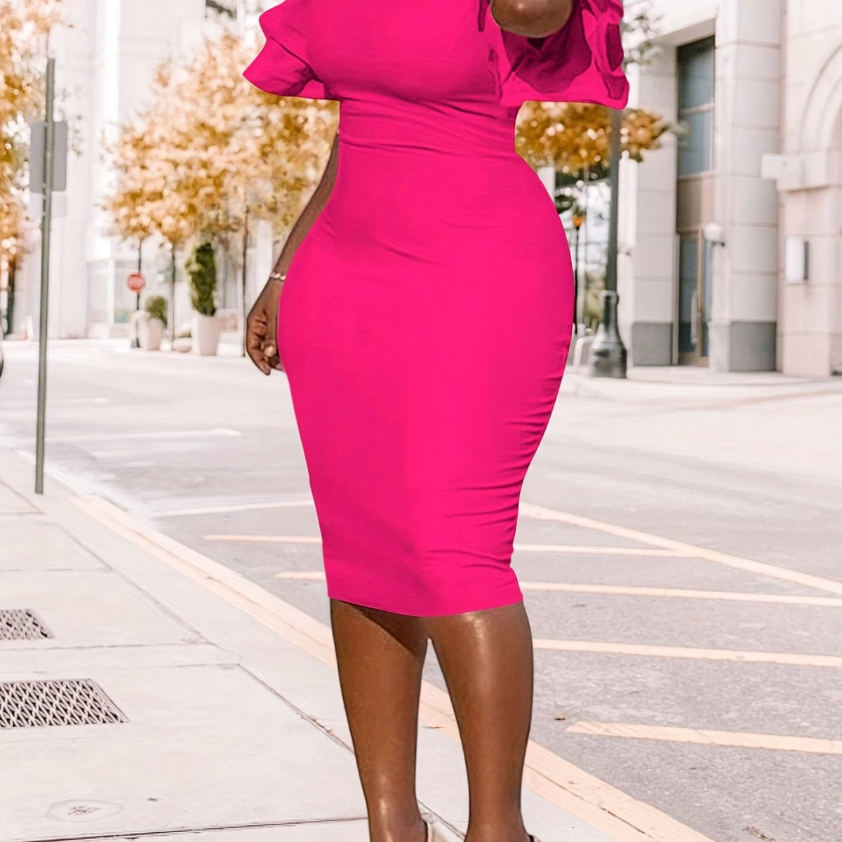[Elegant Pencil Dress] Elegant Women Midi Pencil Dress | Ruffle Sleeve Round Neck Bodycon Party Formal Dress