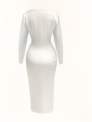 Women's Elegant V-Neck Bodycon Dress with Thigh-High Slit - Semi-Sheer Stretchy Machine-Washable Solid Color Dress for Spring/Fall, Office to Evening Wear