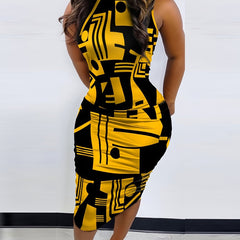 Women's High-Waisted Olive Green Geometric Print Sleeveless Dress - Stretchy Bodycon Midi Dress with Stand Collar, Machine Washable All-Season Vacation & Casual Wear, Tight Fitted Dress, Versatile Fashion, Highelasticity Fabr