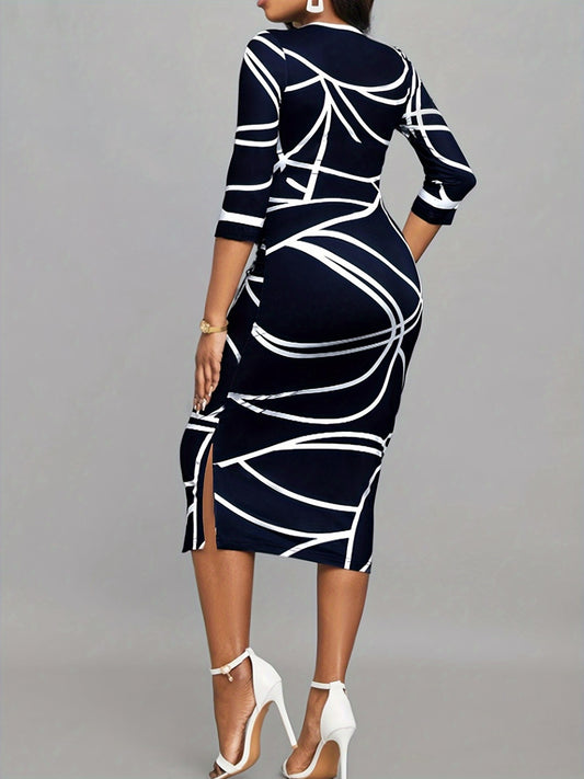 Women'S Stylish Elegant Long-Sleeved Printed Hip Dress