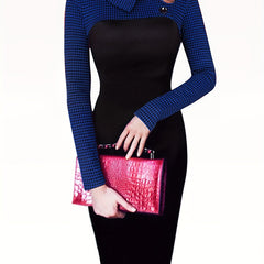 Women'S Elegant Black and Beige Color Block Pencil Dress - Slim Fit, Long Sleeve, Round Neck with Button Detail, Perfect for Spring/Summer, Adult Fashion, Elegant Attire|Sleek Fitted Design|Polyester Fabric