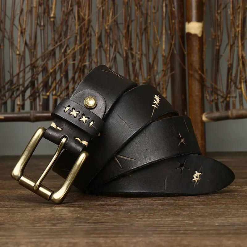 Men's genuine cowhide leather belt with vintage brass pin buckle, luxury designer style, durable and high-quality for jeans.
