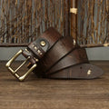 Men's genuine cowhide leather belt with vintage brass pin buckle, Showlu Fashion, high-quality luxury design for jeans or casual wear.