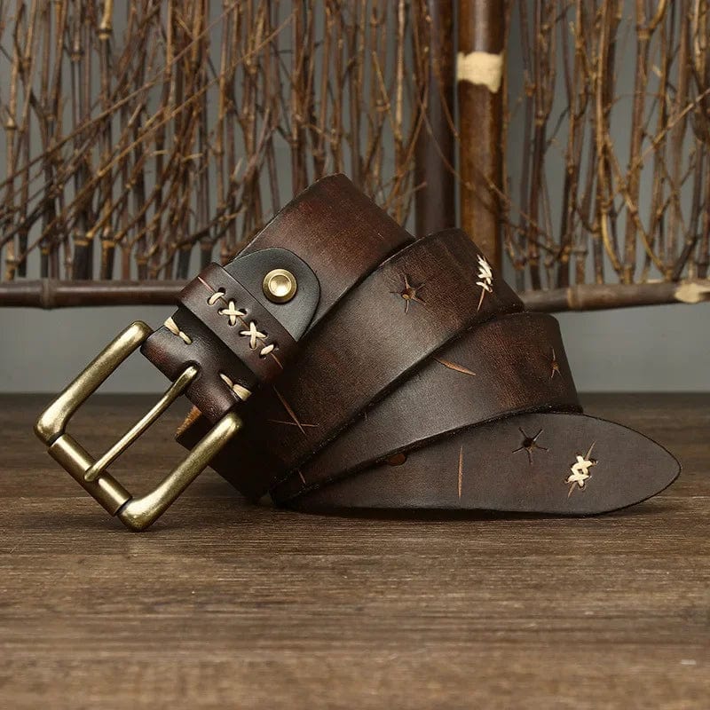 Men's genuine cowhide leather belt with vintage brass pin buckle, Showlu Fashion, high-quality luxury design for jeans or casual wear.