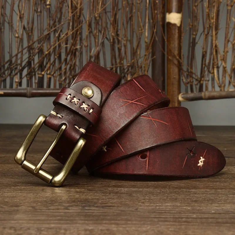 Men's genuine cowhide leather belt with vintage brass pin buckle, luxury designer style for jeans and casual wear.