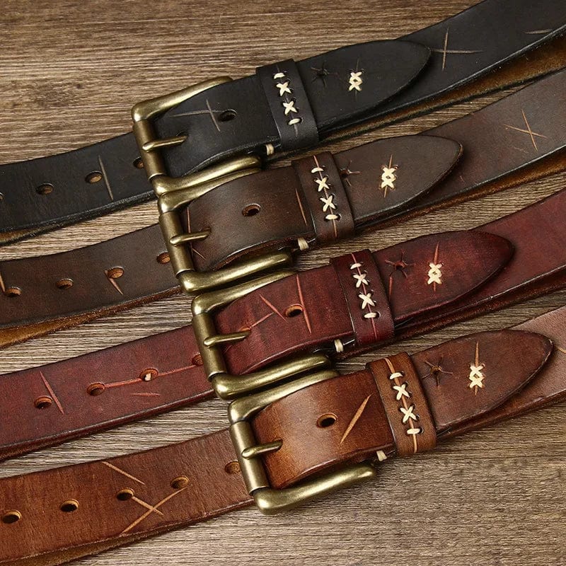 Men's genuine cowhide leather belt with vintage brass pin buckle, stylish luxury designer accessory for jeans and casual wear.