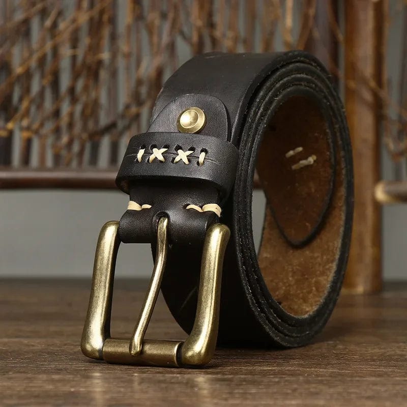 Men's genuine cowhide leather belt with vintage brass pin buckle, Showlu Fashion, high-quality leather strap for casual or formal wear.