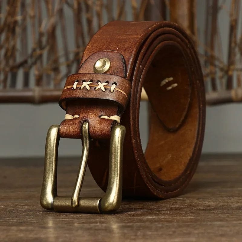 Men's genuine cowhide leather belt with vintage brass pin buckle, luxury designer-style strap for jeans and casual wear.