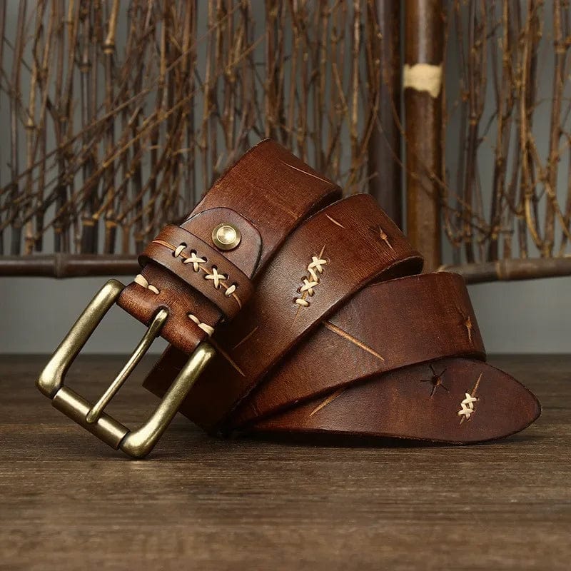 Men's genuine cowhide leather belt with vintage brass pin buckle, luxury designer style, 38cm strap for jeans or casual wear.