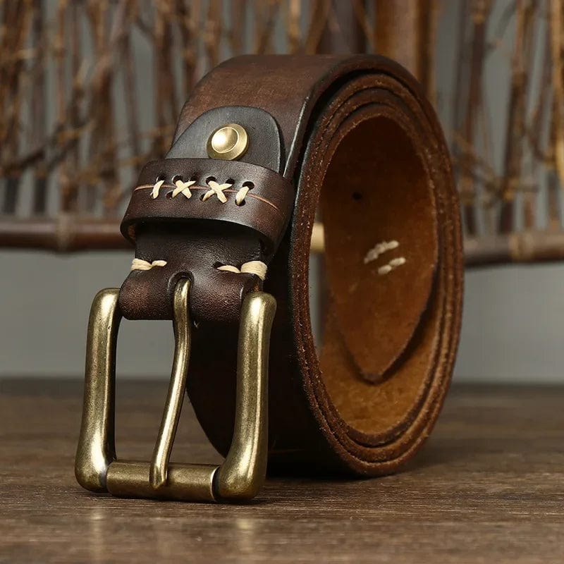 Men's genuine cowhide leather belt with vintage brass pin buckle, Showlu Fashion, high-quality leather, perfect for jeans.