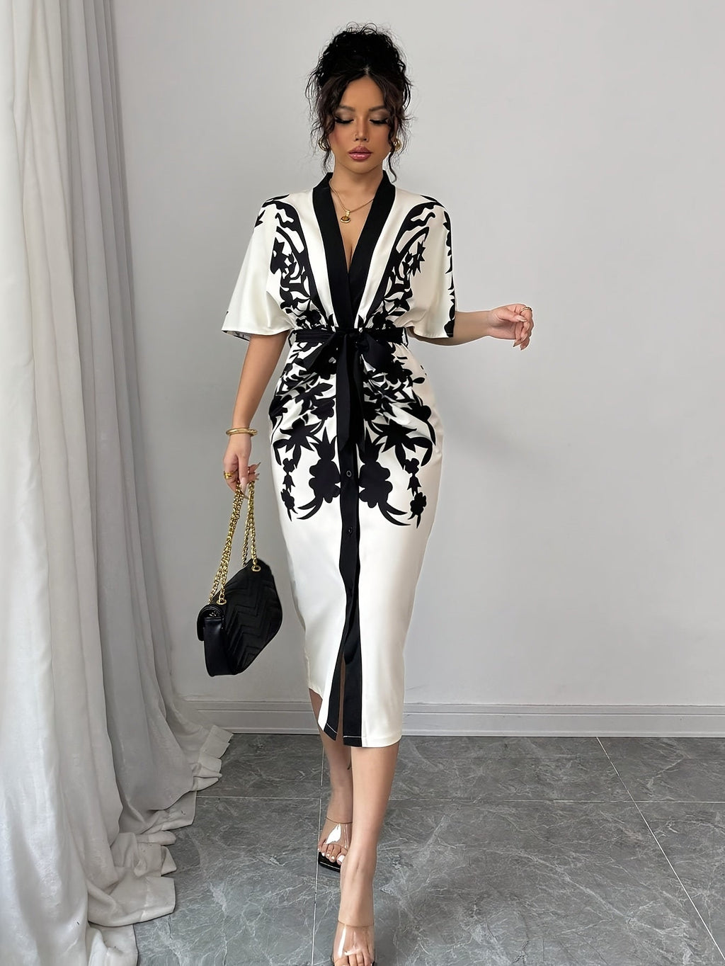 Women's V-neck summer dress by SHOWLU FASHION with front tie, slim fit, printed design, perfect for warm weather.