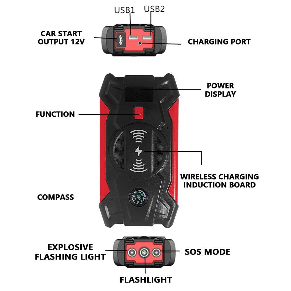Showlu 39800mAh car jump starter and portable power box with wireless charging, compact battery charger for vehicles and devices
