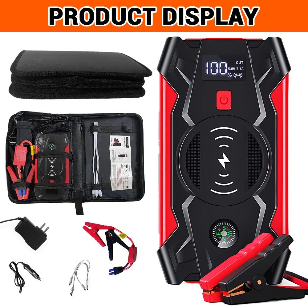 Showlu 39800mAh car jump starter and portable power box with wireless charging, compact battery charger for vehicles and devices