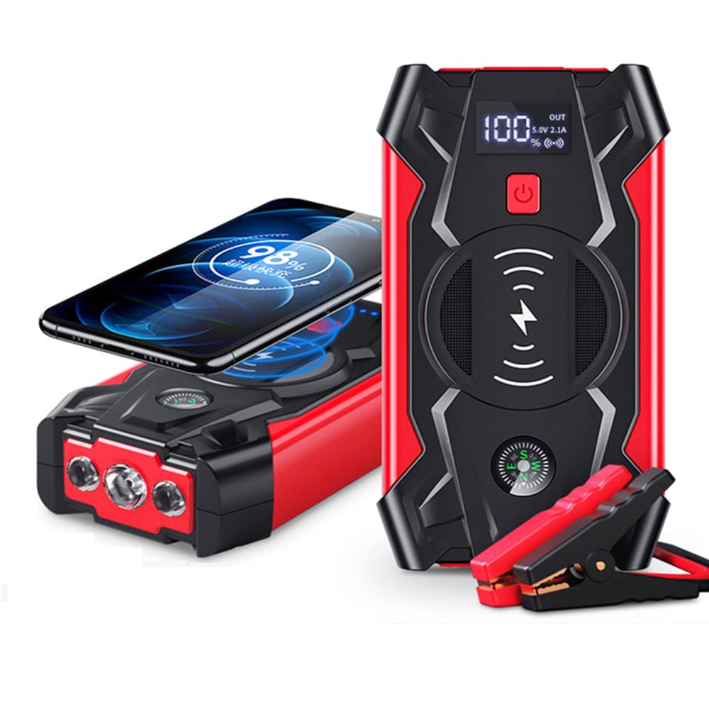 Showlu 39800mAh car jump starter and portable power box with wireless charging, compact battery charger for vehicles.