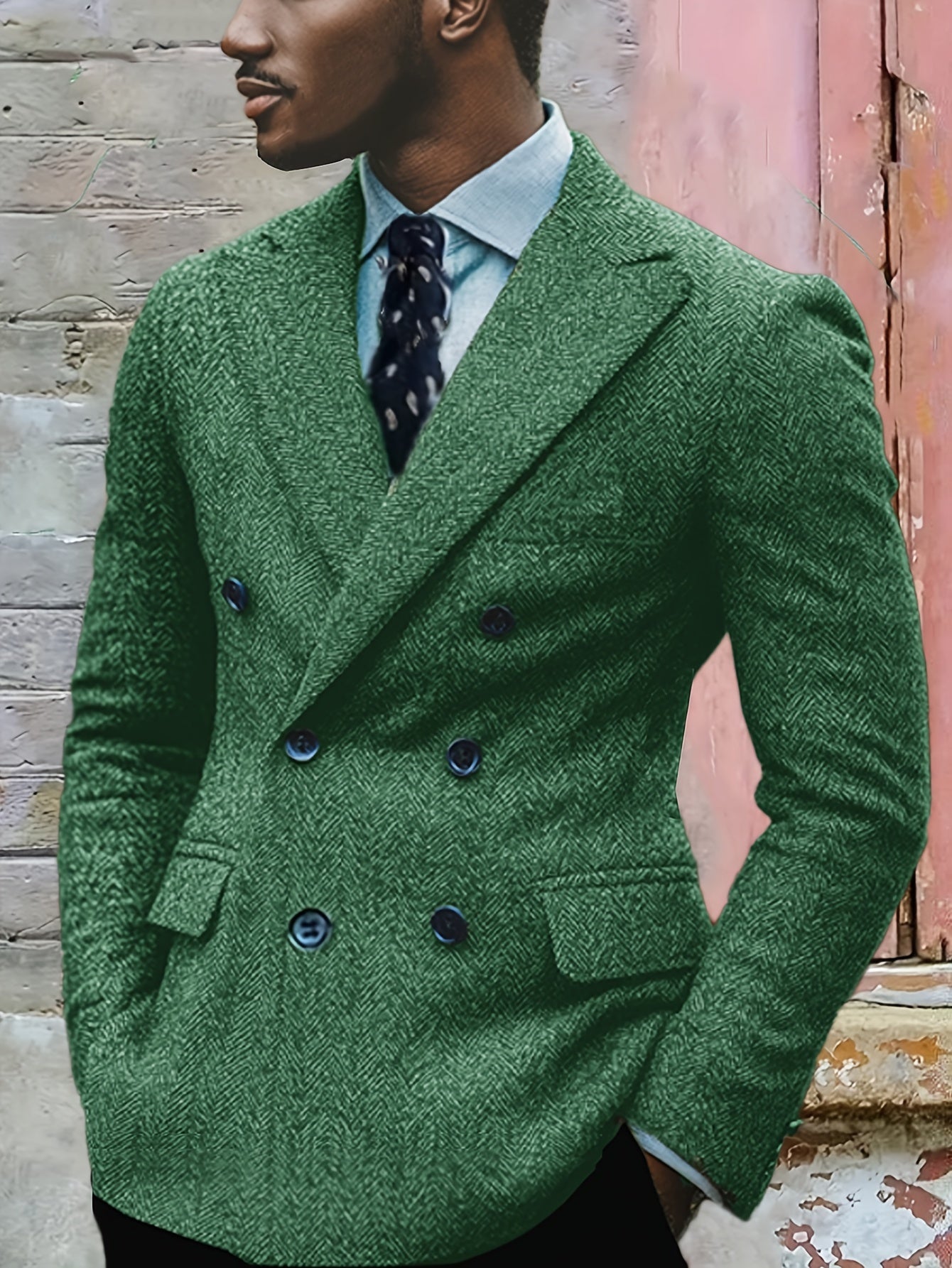 Men's SHOWLU FASHION retro herringbone double-breasted blazer with lapel, tailored fit, and classic style.