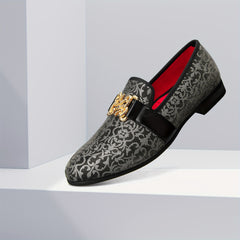 [Floral Pattern Loafers] Elegant Slip-On Loafers - Comfortable Floral Pattern Shoes with Golden Buckle, Black and Red Accents - Perfect for Parties & Streetwear