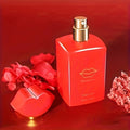 LC&HP Red Door Women's Eau De Parfum bottle with floral design, 3.4 oz, showcasing its elegant shape and vibrant red accents.