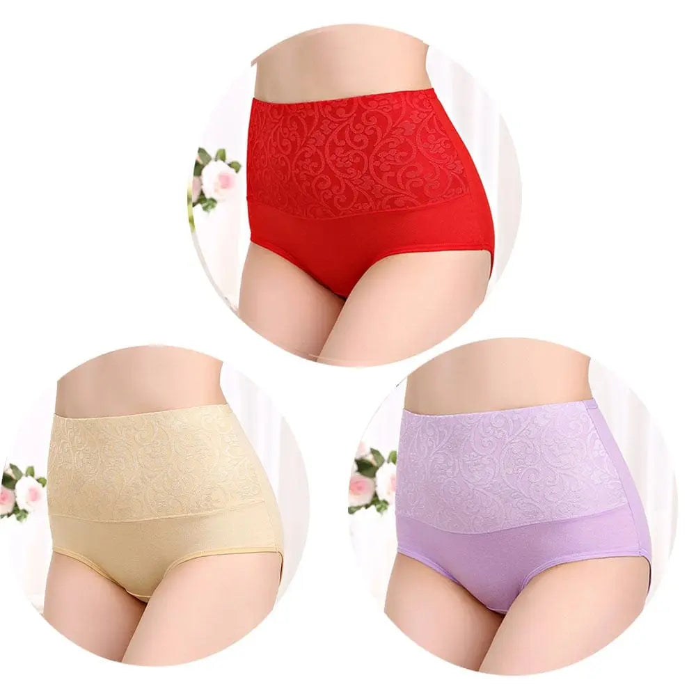 Three pairs of Showlu Fashion Store women's high waist cotton postpartum panties, plus size abdominal briefs for women and recovery.