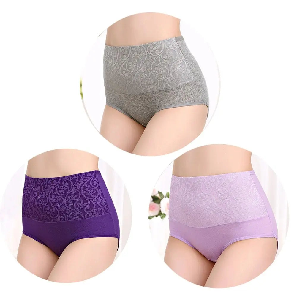 Three pairs of Showlu Fashion Store women's high waist cotton postpartum briefs, plus size, with full coverage and comfortable fit.