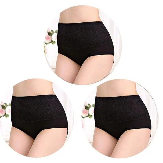 Set of three Showlu Fashion Store women's high waist cotton panties, plus-size postpartum briefs with full coverage and comfortable fit.