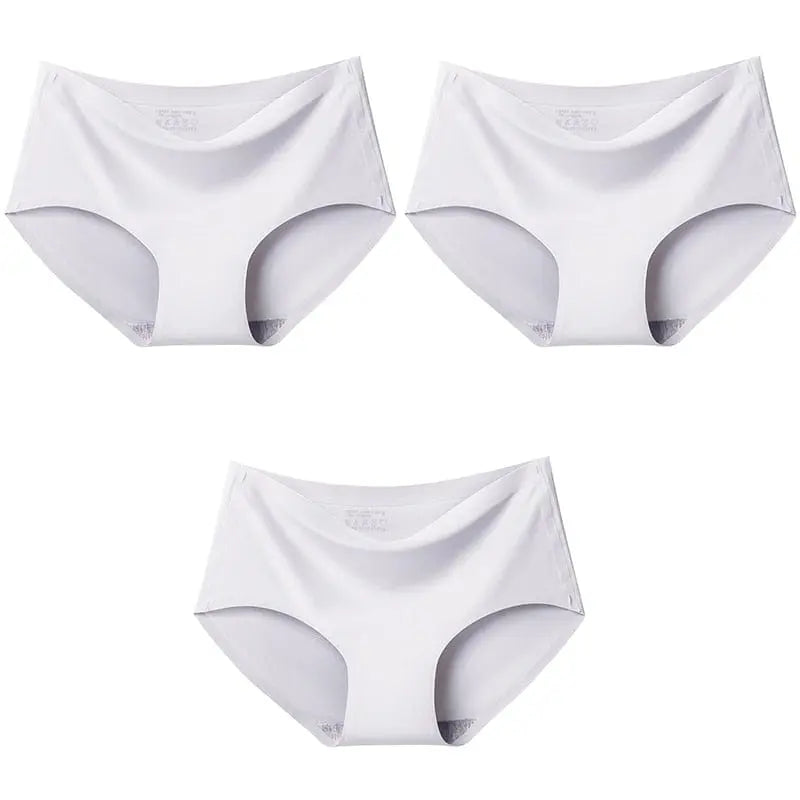 Set of three Showlu Fashion seamless ice silk panties featuring mid-waist briefs in various colors for women.