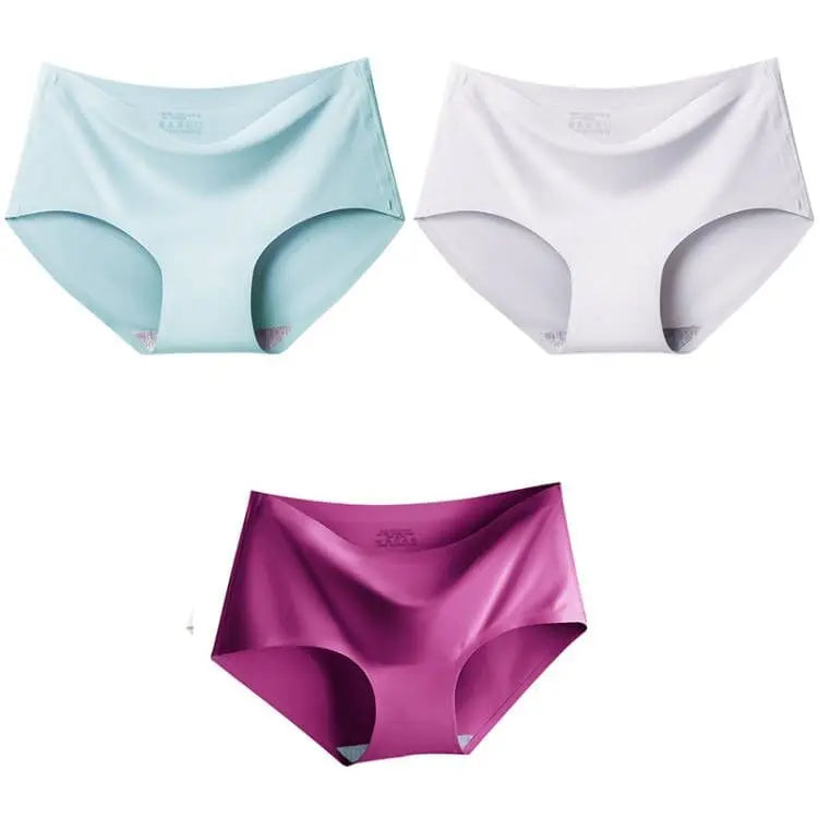 Showlu Fashion 3-pack seamless ice silk mid-waist panties for women in multiple colors, comfortable lingerie briefs in large sizes.